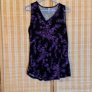 Tencede Womens XL Purple Floral Babydoll Tunic Sleeveless V-Neck Tank Top Black